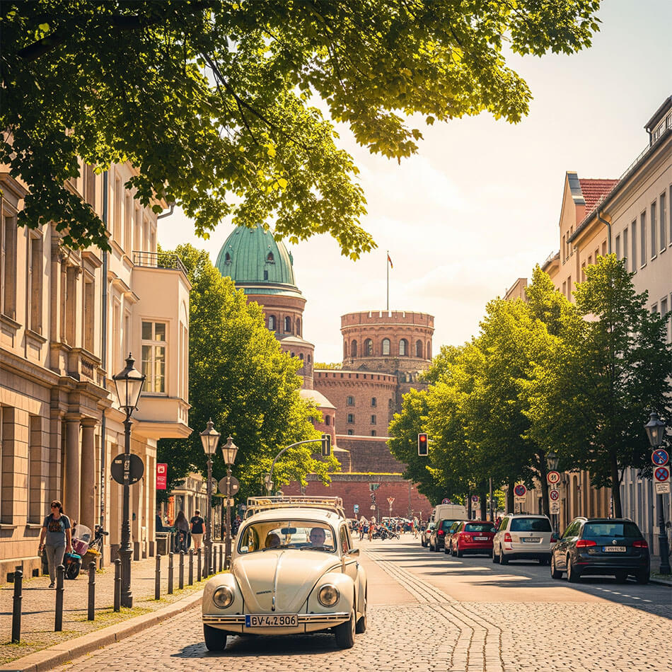 Oldtimer fährt durch die Altstadt von Berlin-Spandau mit Blick auf den Juliusturm – Kfz Gutachter Spandau